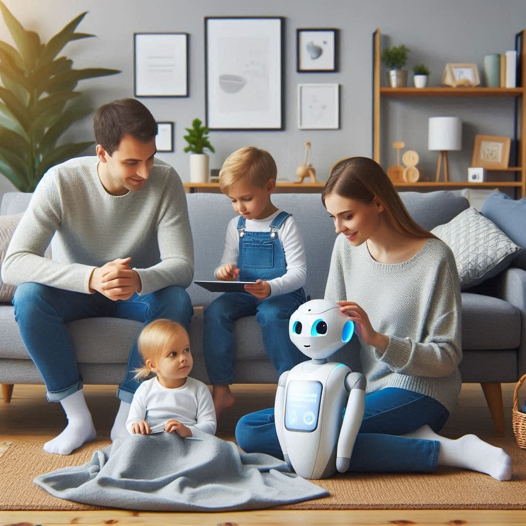 Família usando IA-no-dia-a-dia para agendar tarefas em assistente doméstico