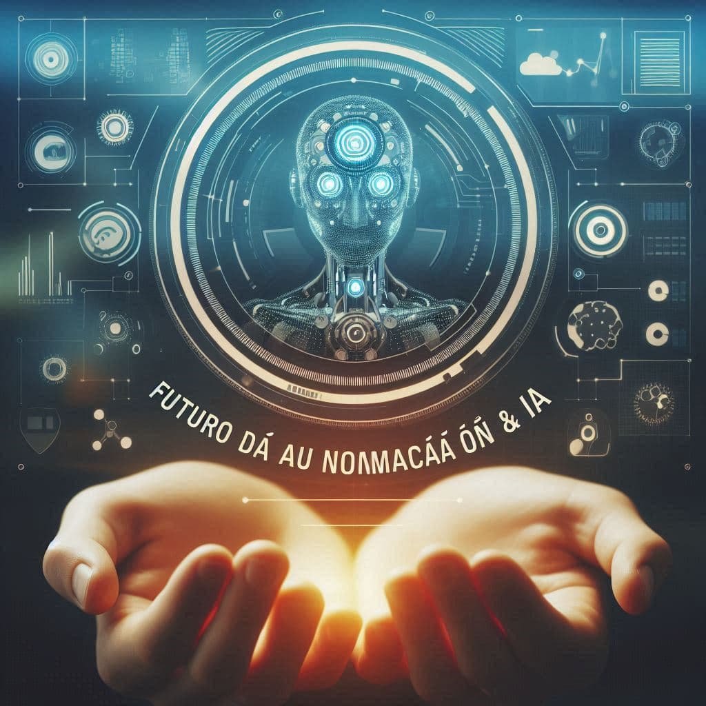 Interface futurista com painéis de IA e gráficos mostrando o Futuro da Automação e da IA etá ao alcance das suas mãos