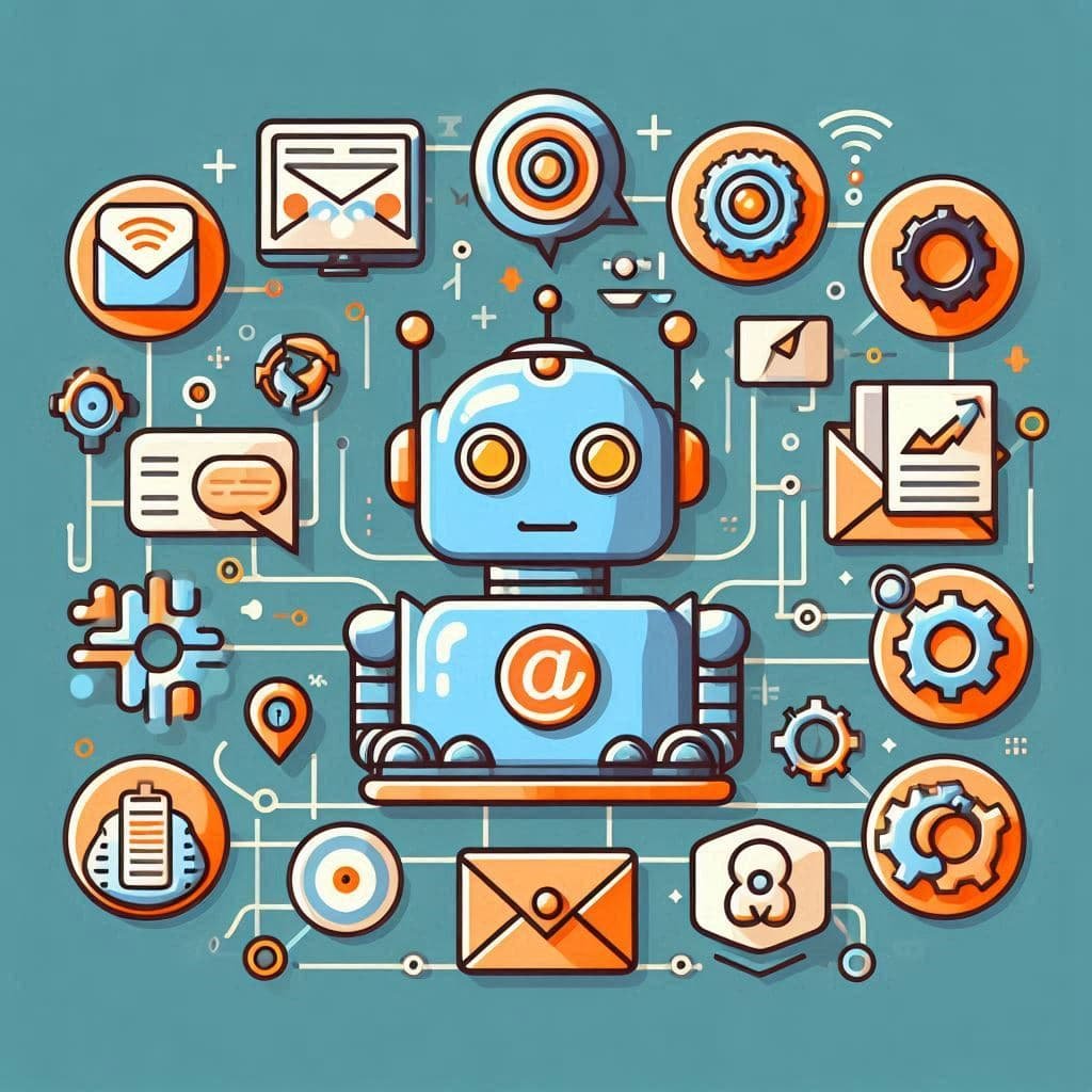 Ícones de e-mail, redes sociais e chatbot indicando uma atendimento por uma automação de Marketing Digital