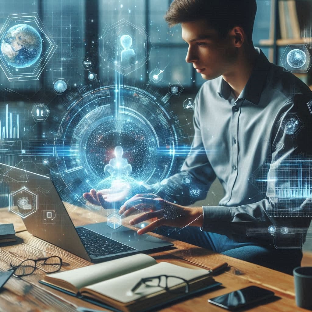  Profissional usando ChatGPT5 no notebook com dados e gráficos em hologramas.