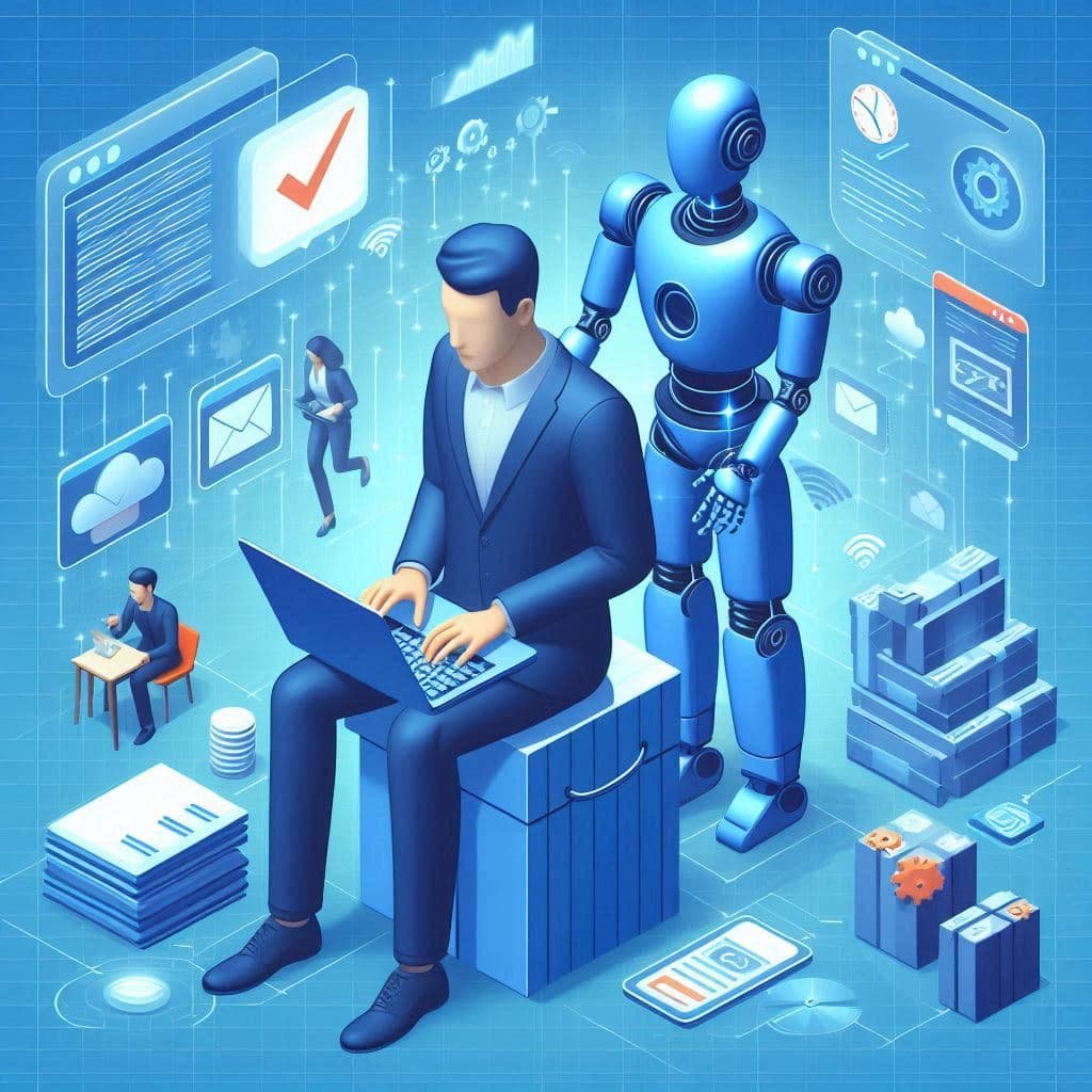 Profissional autônomo no computador com assistente virtual de inteligência artificial em pequenos negócios