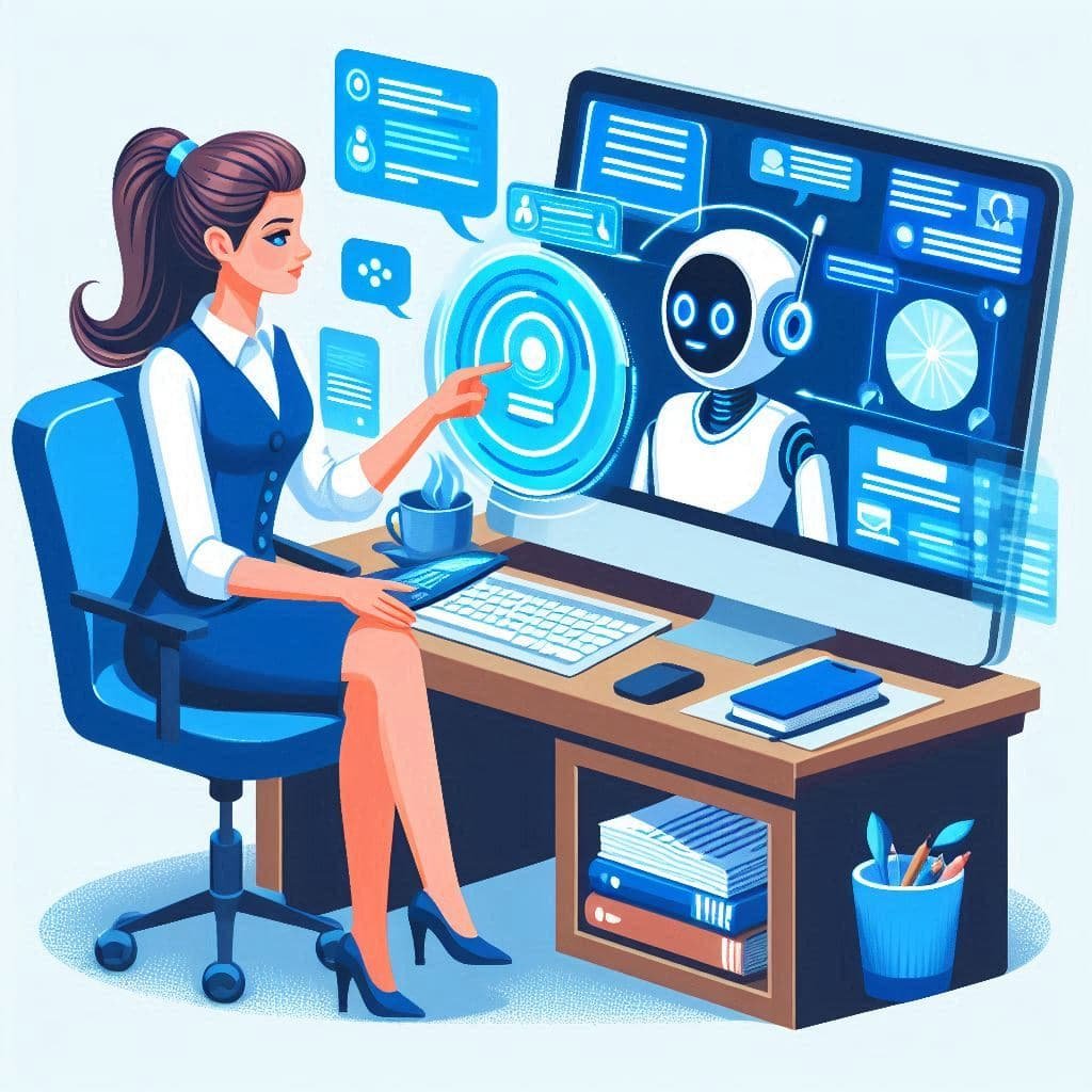 Chatbot-Assistente virtual em tela interagindo com agente humano em biblioteca