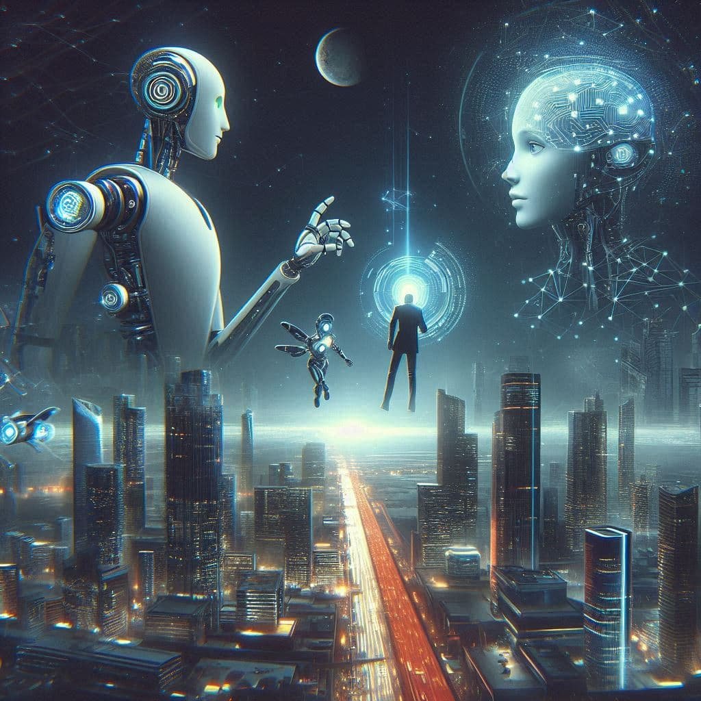 Interface indicando o futuro da automação e  da IA futurista com integração entre pessoa e inteligência artificial 
