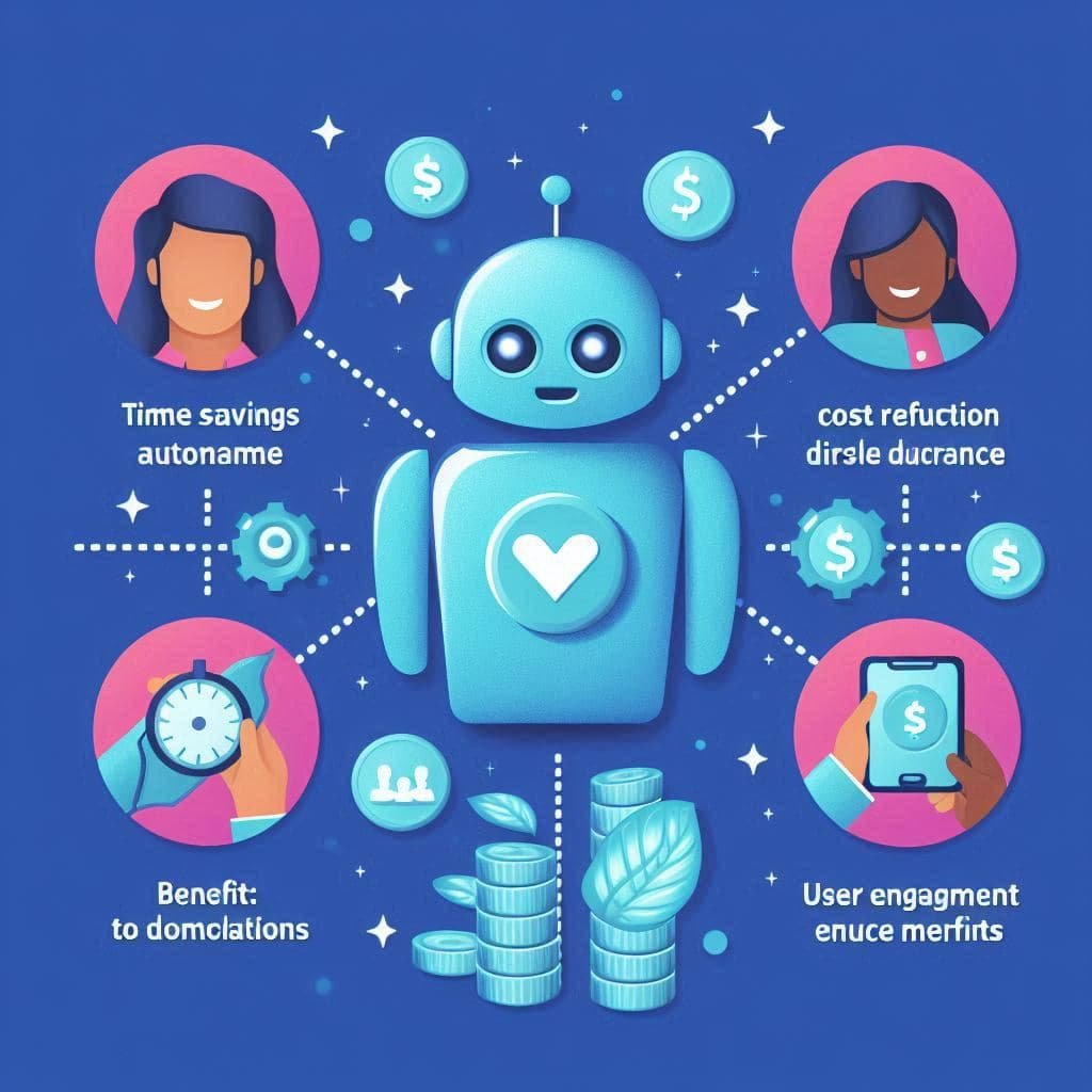 Ícones de benefícios mostrando vantagens de um chatbot na economia de tempo, redução de custos, engajamento do usuário