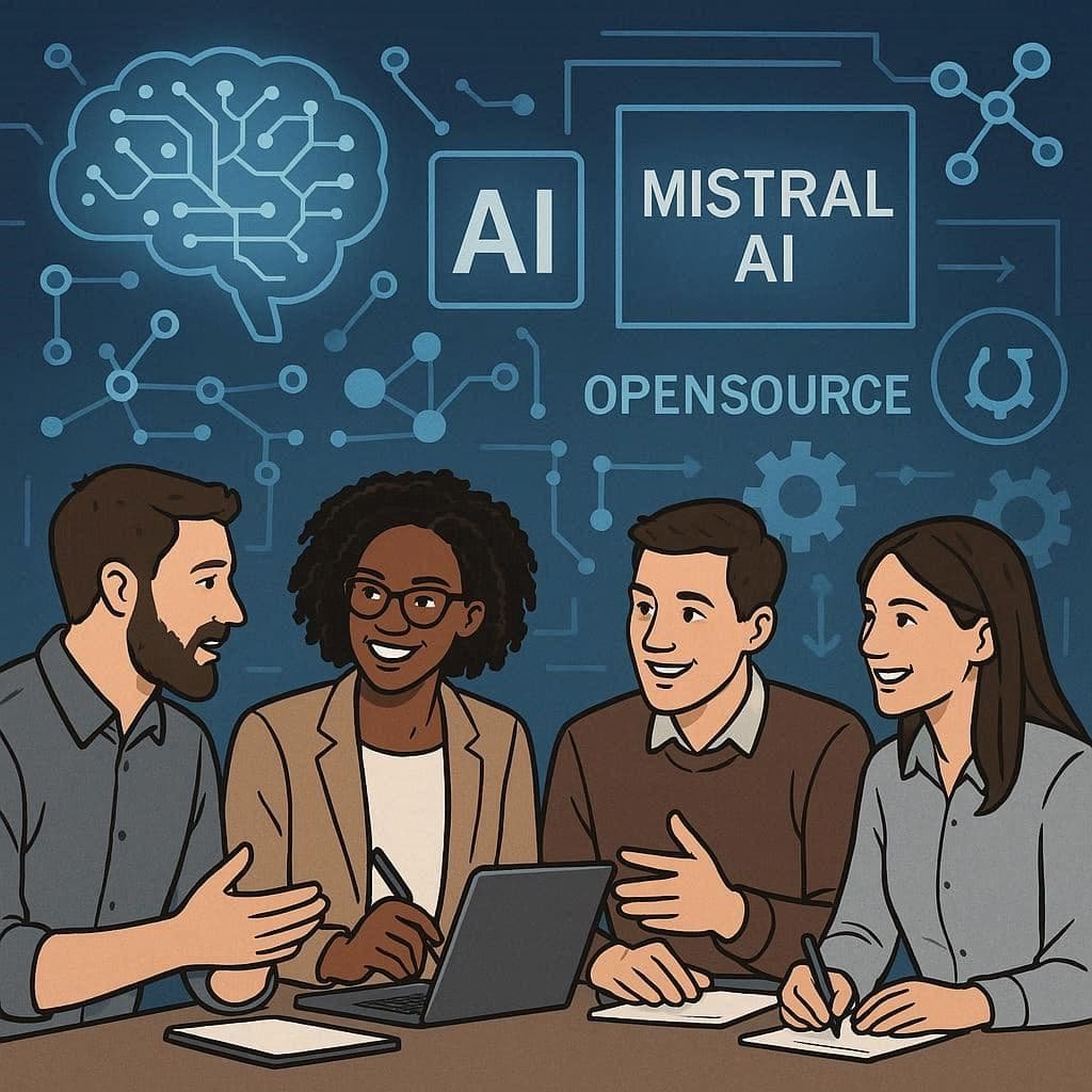 Equipe de desenvolvedores usando Mistral AI inteligência artificial de código aberto para análises e gráficos