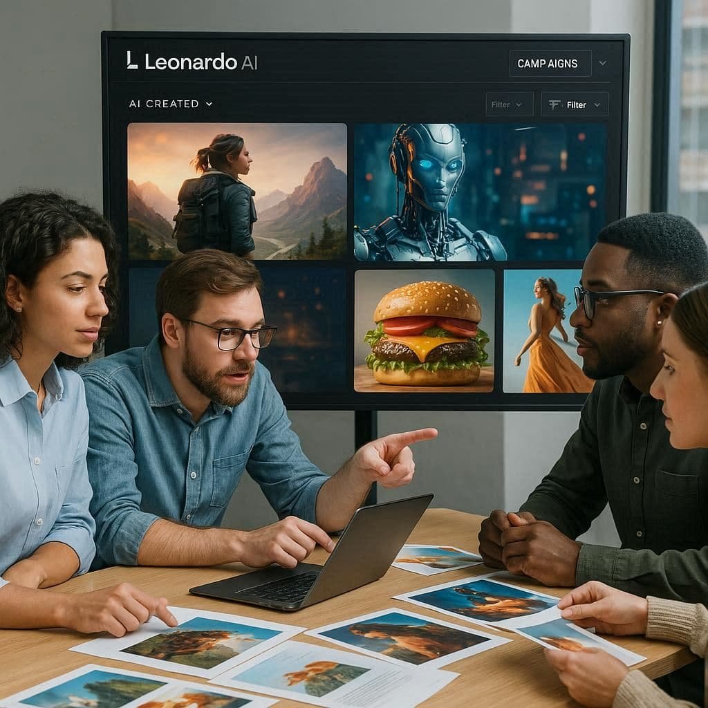 Equipe de marketing usando imagens geradas pelo Leonardo AI
