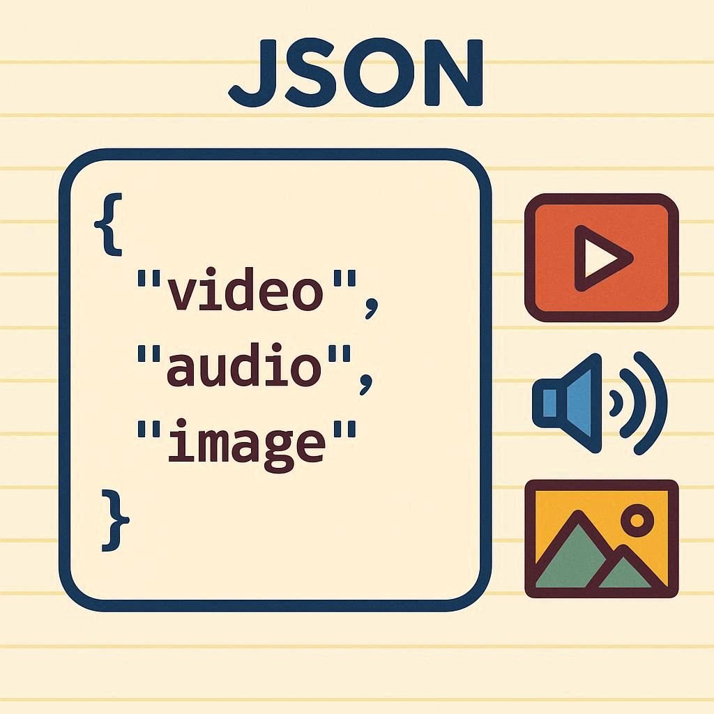 JSON para criação de vídeos com IA explicado em infográfico com ícones de mídia.