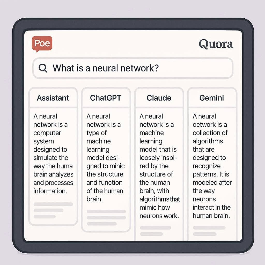 Quadro mostrando comparação de respostas diferentes no Poe by Quora