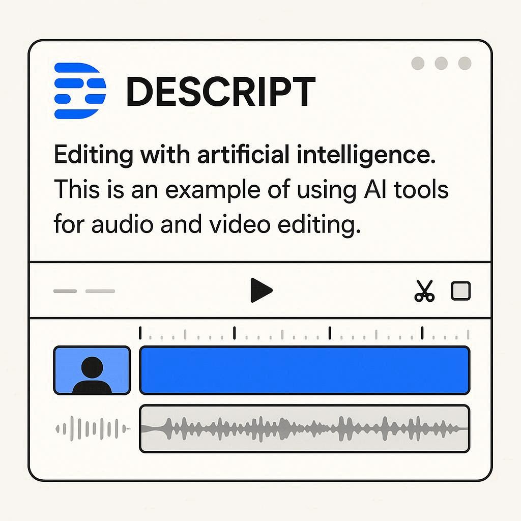 Interface do Descript edição mostrando timeline simplificada de áudio e vídeo