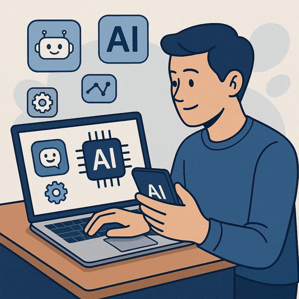 Usuário explorando ferramentas de IA no computador e celular