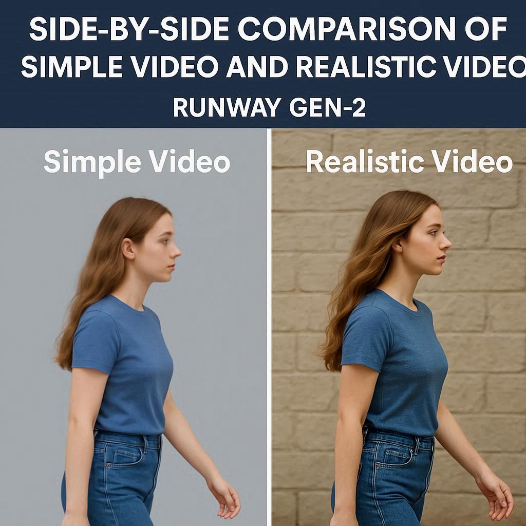 Comparação entre animação simples e vídeo realista no Runway Gen-2