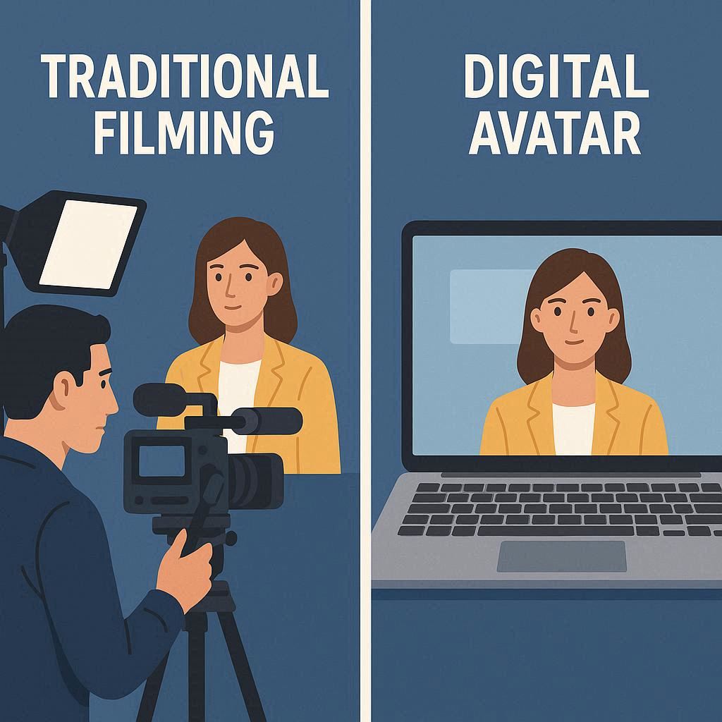 Comparação entre vídeo tradicional e vídeo criado no HeyGen