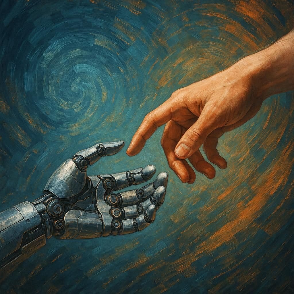 Mão humana e robótica se tocando sobre uma tela digital.
