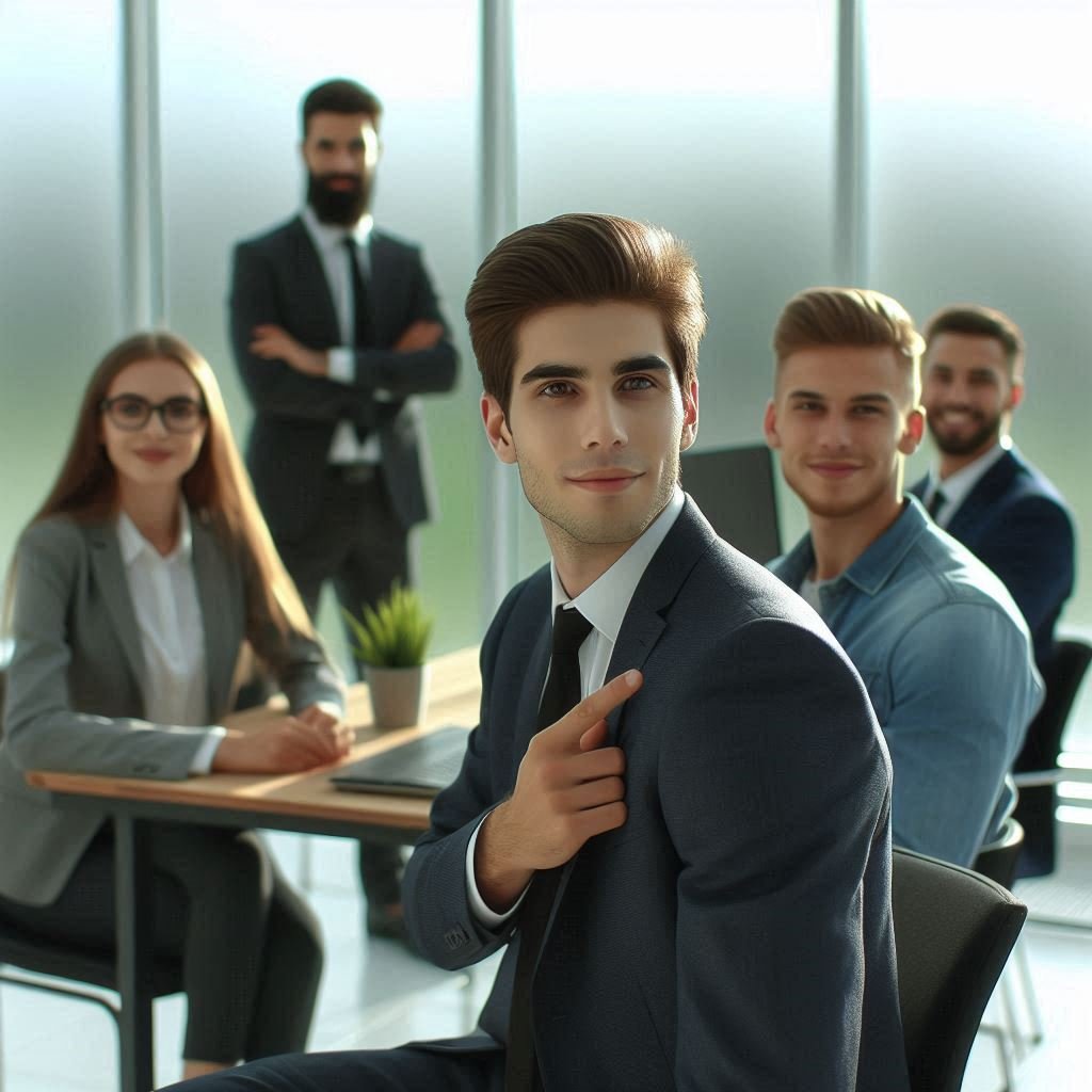 Profissional confiante caminhando em um corredor de empresa, simbolizando crescimento e reconhecimento profissional com apoio da IA.