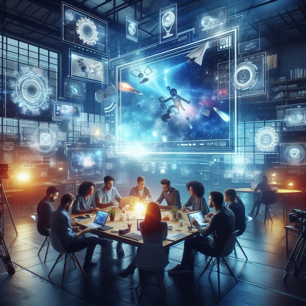 Criação de vídeo digital com estética cinematográfica, simbolizando o futuro da produção audiovisual com IA.