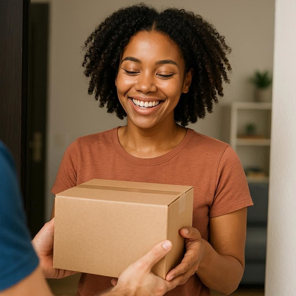 Consumidor feliz recebendo produto comprado online
