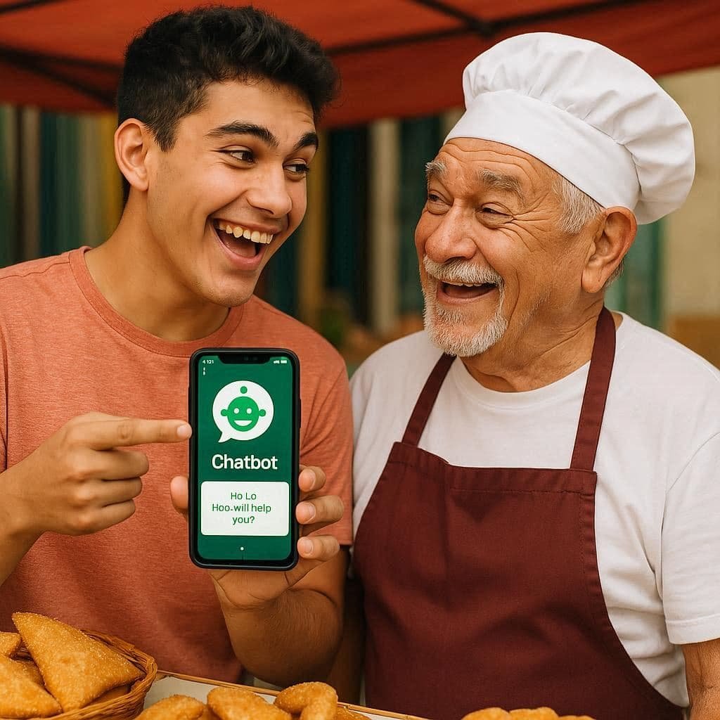 Neto ensinando o avô vendedor de pastel a usar um chatbot no WhatsApp.