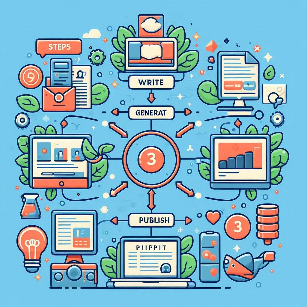 Infográfico mostrando como a Pippit transforma textos em vídeos com IA em três etapas simples