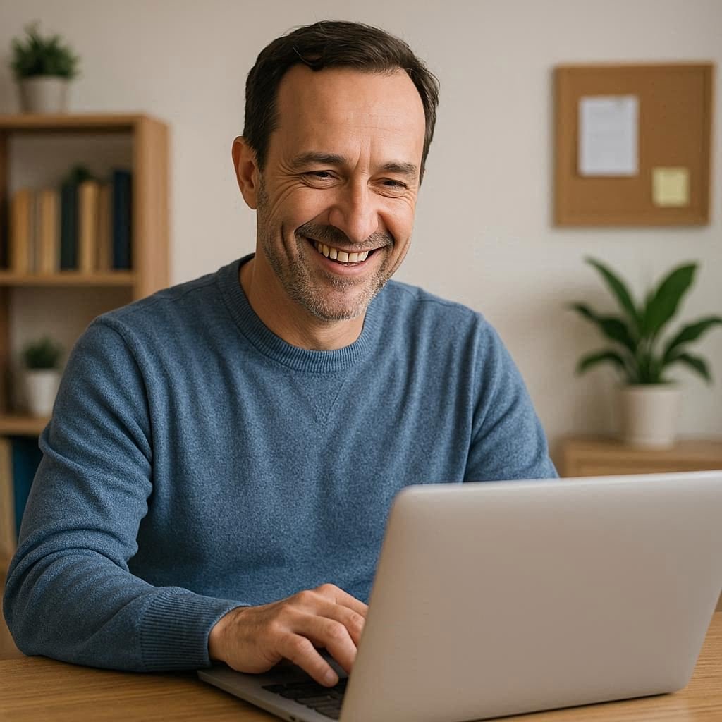 Empreendedor confiante aprendendo a usar IA no próprio negócio.