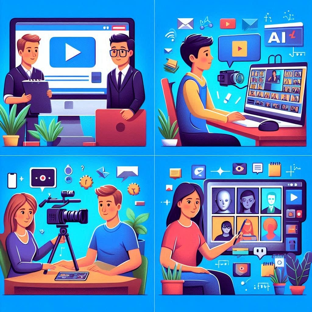 Ilustração mostrando o processo de geração de vídeo por IA, com etapas de texto, processamento e vídeo final.