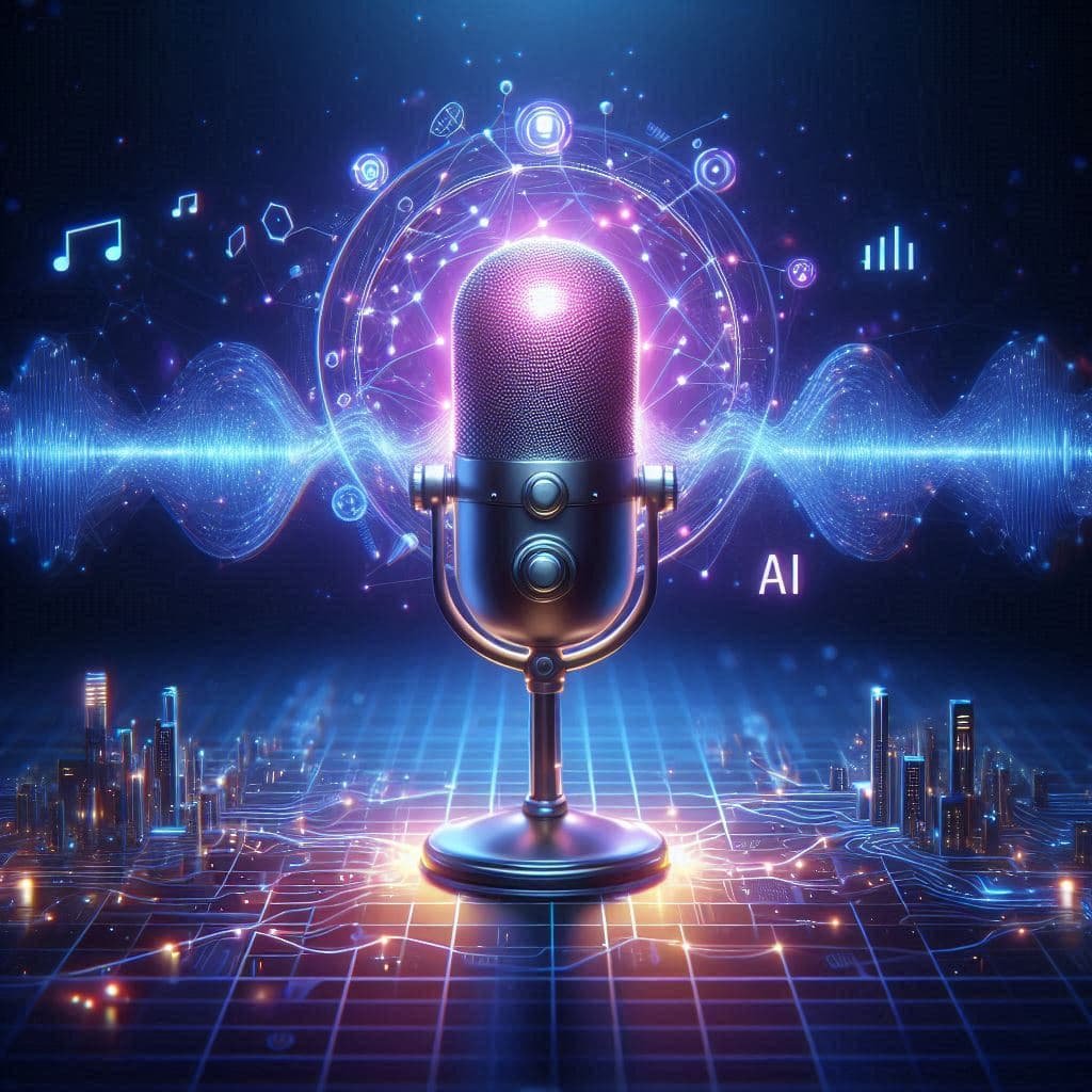 Microfone e ondas sonoras representando criação de áudio com inteligência artificial.