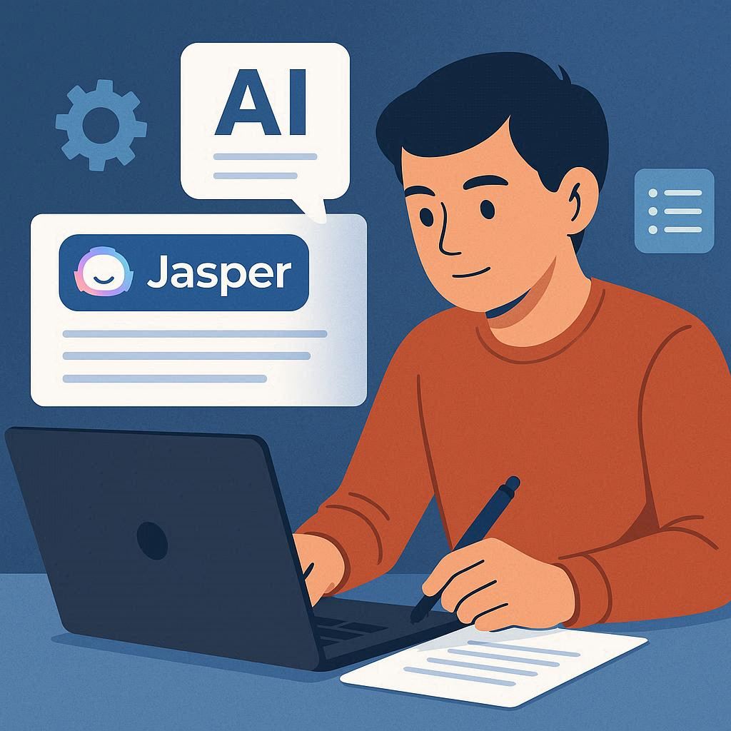 Usuário escrevendo com auxílio do Jasper AI no computador