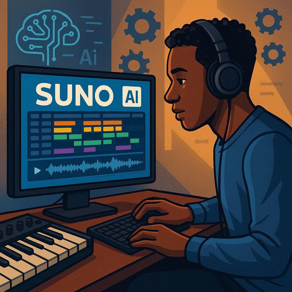 Usuário compondo música com Suno AI sem instrumentos