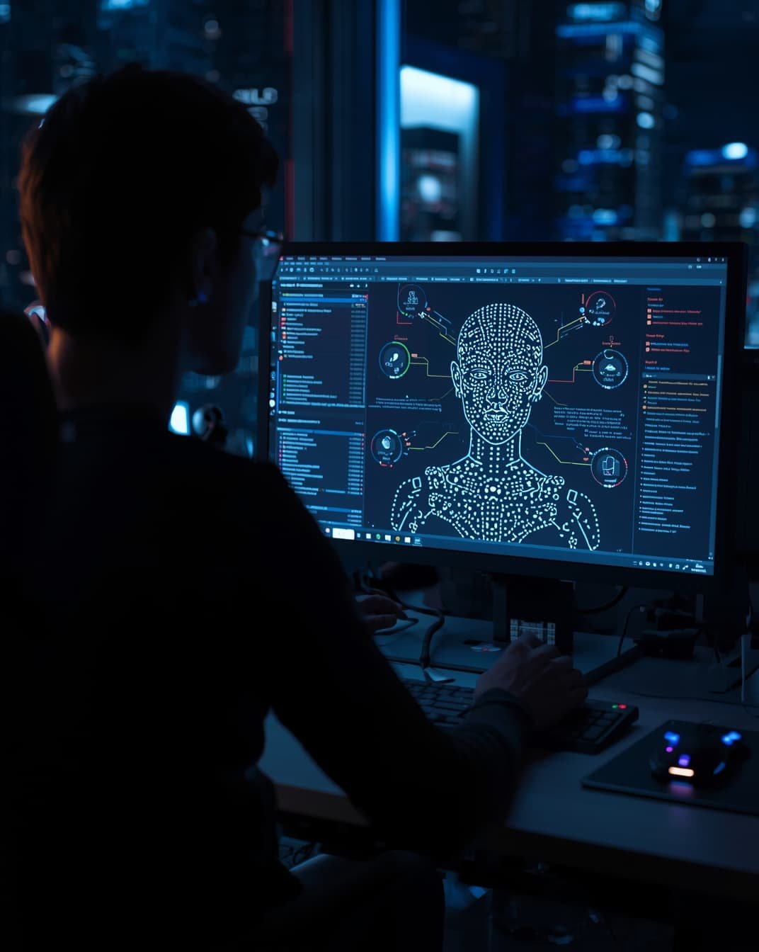 Pessoa utilizando IA para criar um avatar digital em um computador