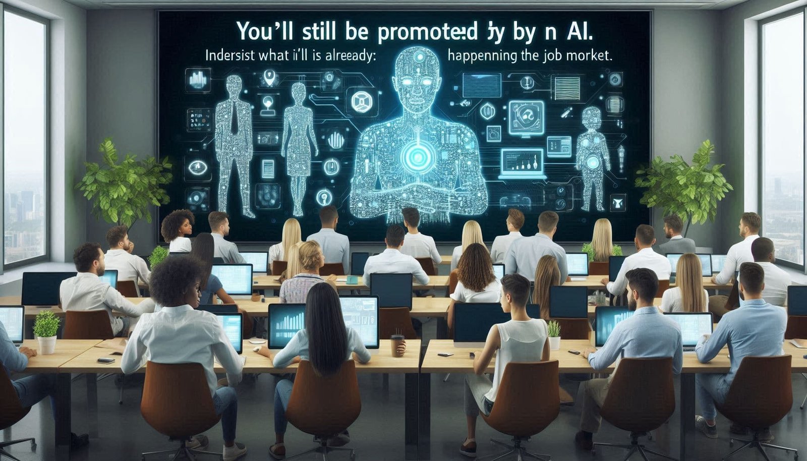 Grupo de profissionais em treinamento aprendendo a usar ferramentas de inteligência artificial.