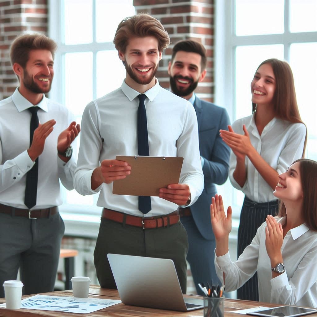 Equipe aplaudindo o aumento de produtividade com o uso de IA como ChatGPT, Notion, Grammarly e Zapier.