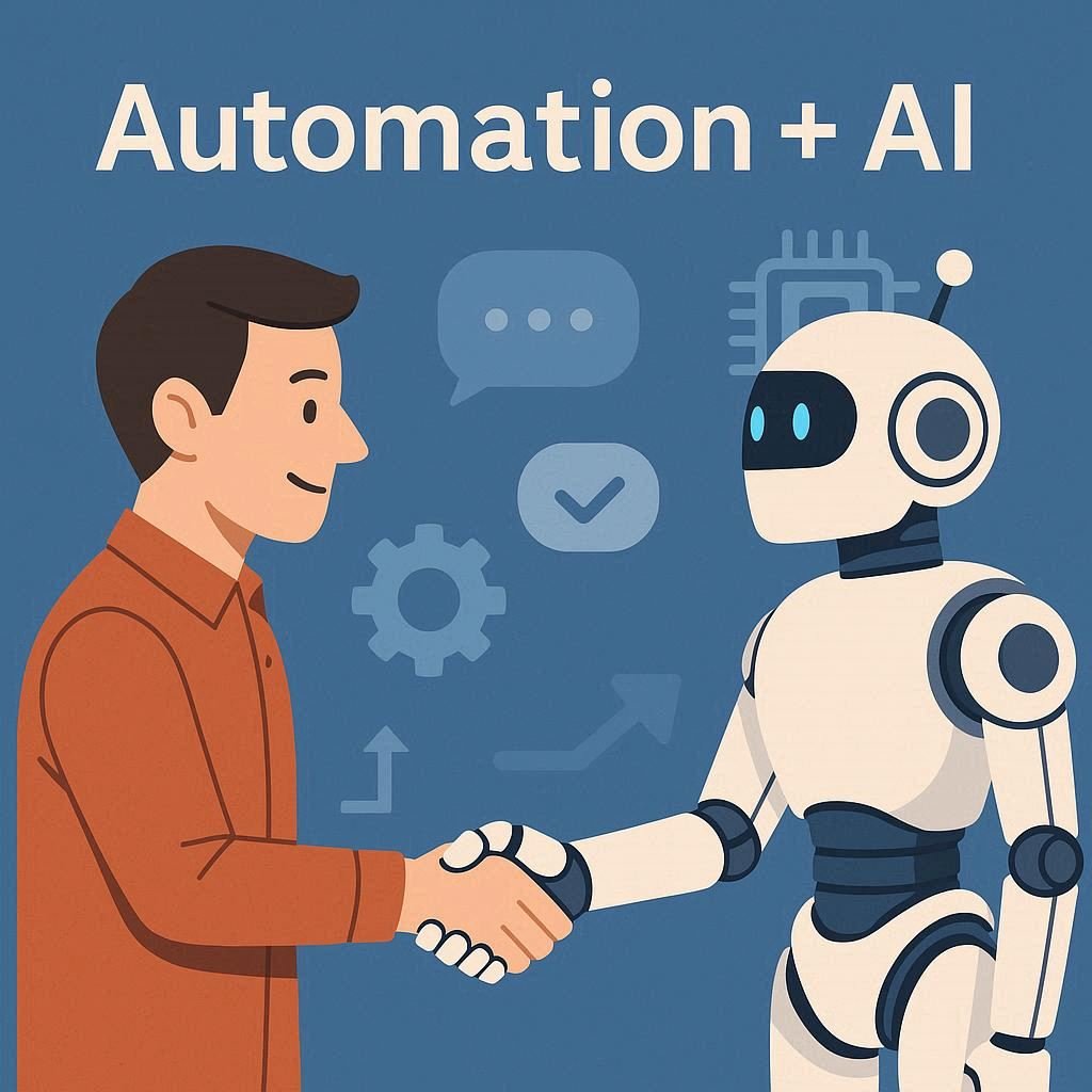 Parceria entre humano e robô representando a colaboração IA + automação