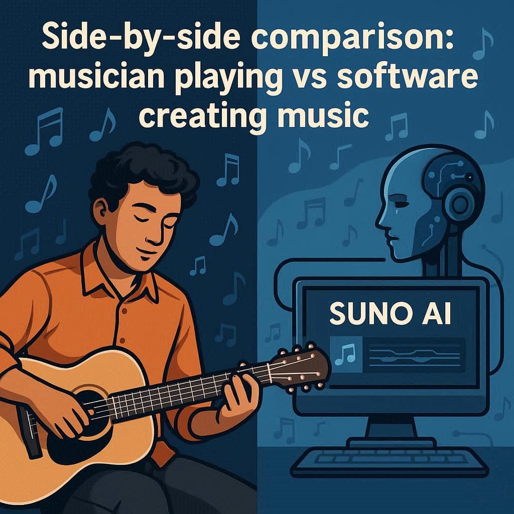 Comparação entre músico tocando instrumentos e música criada no Suno AI