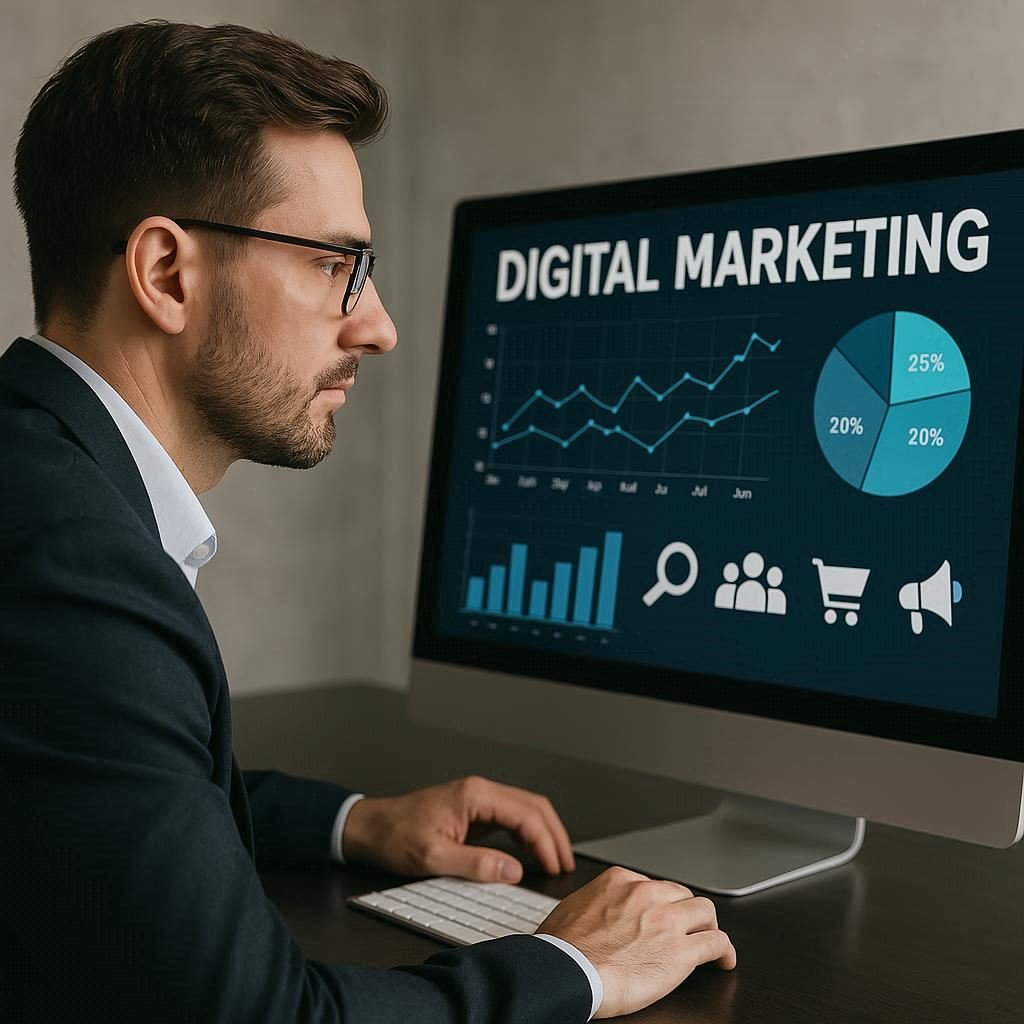 Profissional de marketing digital analisando grĂĄficos digitais em tempo real