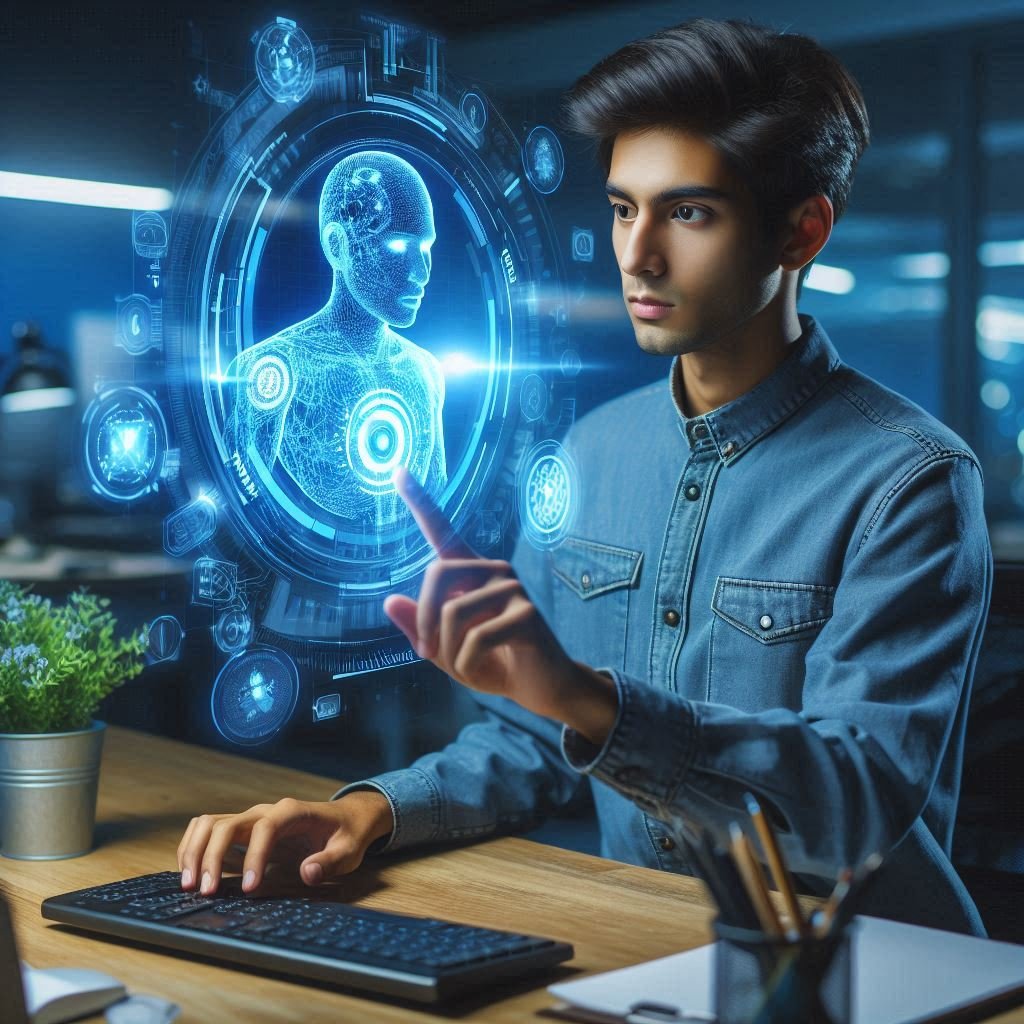 Jovem profissional de marketing sorrindo ao lado do laptop, com ícones de inteligência artificial e produtividade ao redor.