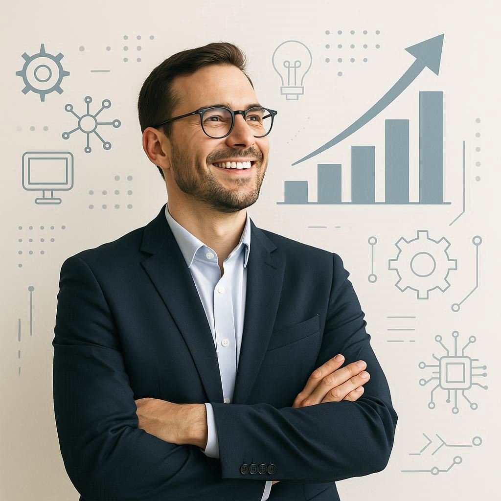 Empreendedor sorrindo confiante usando notebook