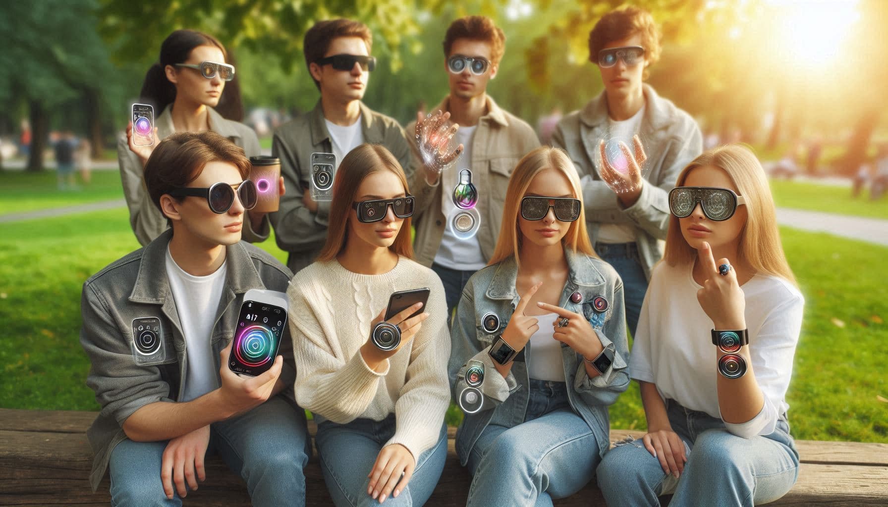 Representação futurista de dispositivos de IA vestíveis, como o Ai Pin, óculos inteligentes e acessórios conectados.