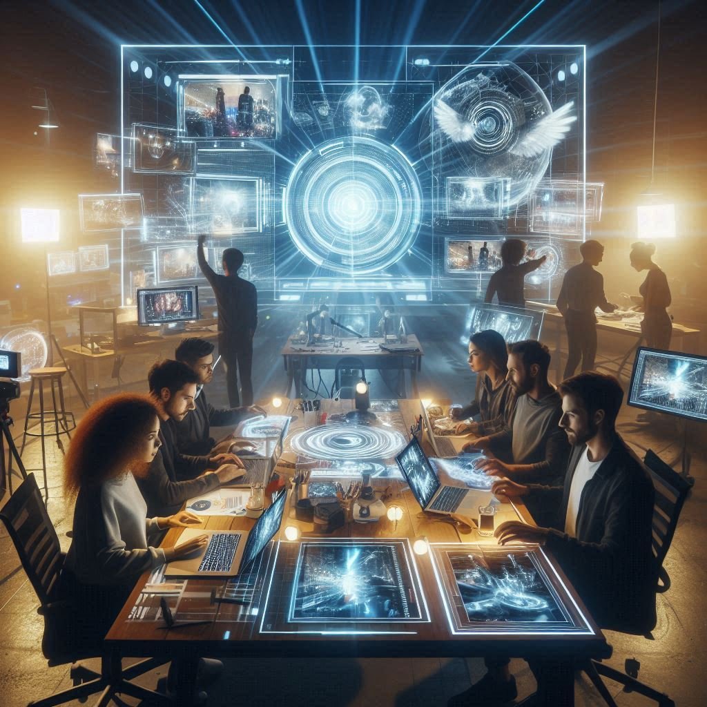 Equipe criativa em um estúdio moderno usando ferramentas de IA para desenvolver vídeos e roteiros.