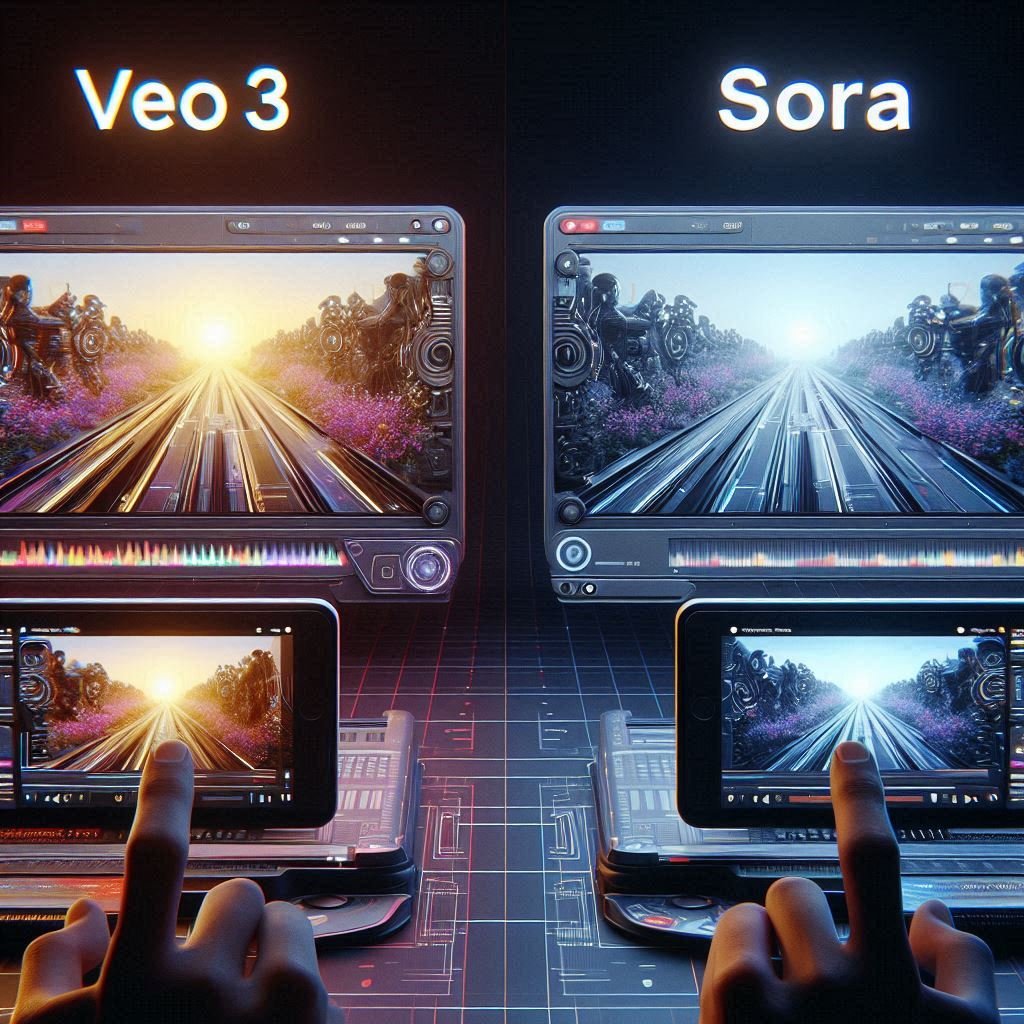 Montagem com quatro quadros representando estilos diferentes de vídeos criados por IA, como cenas aéreas, urbanas e cinematográficas.