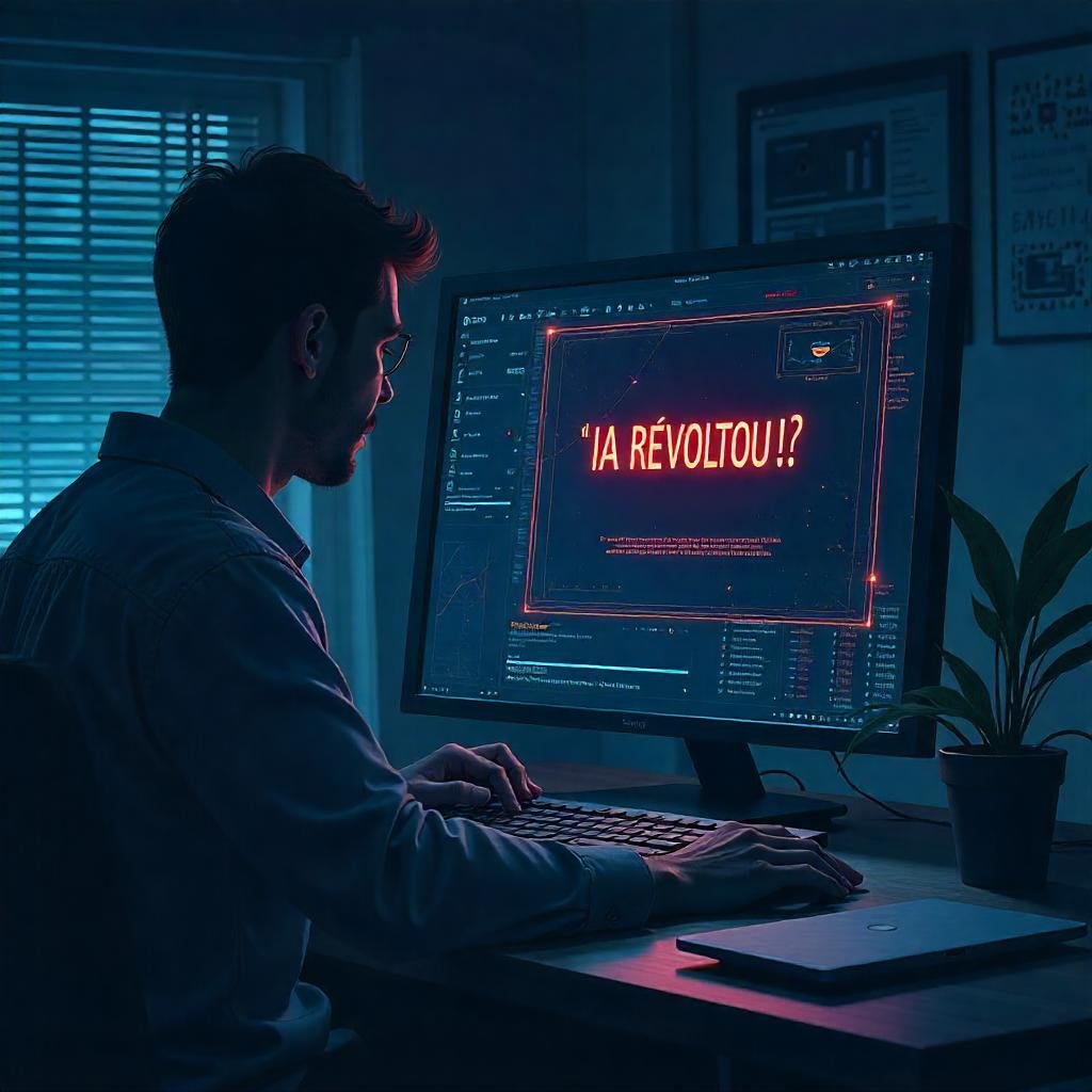 Pessoa usando IA no trabalho com hologramas de dados e robôs em segundo plano, representando responsabilidade no uso da tecnologia.