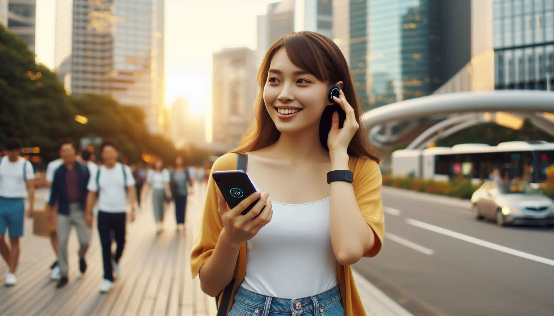 Pessoa caminhando ao ar livre usando o Ai Pin, interagindo sem precisar olhar para um celular.