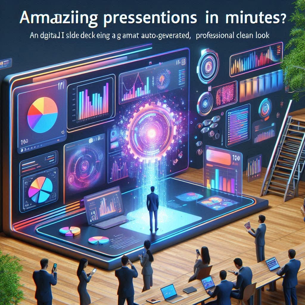 Apresentação digital sendo criada automaticamente pela Tome AI, com gráficos flutuantes e visual profissional vibrante
