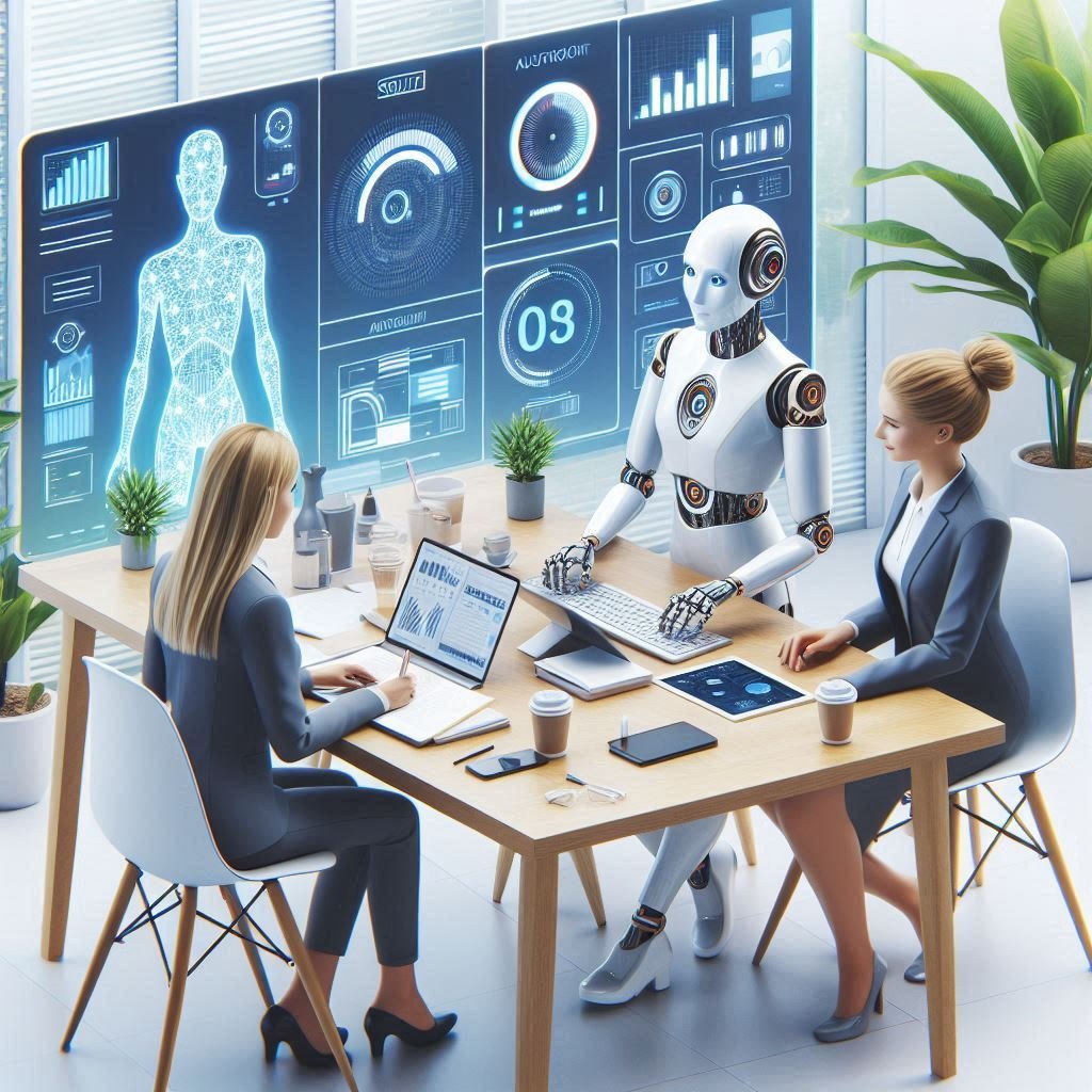 Assistente inteligente da Manus IA ajudando profissional a montar uma apresentação futurista e limpa.