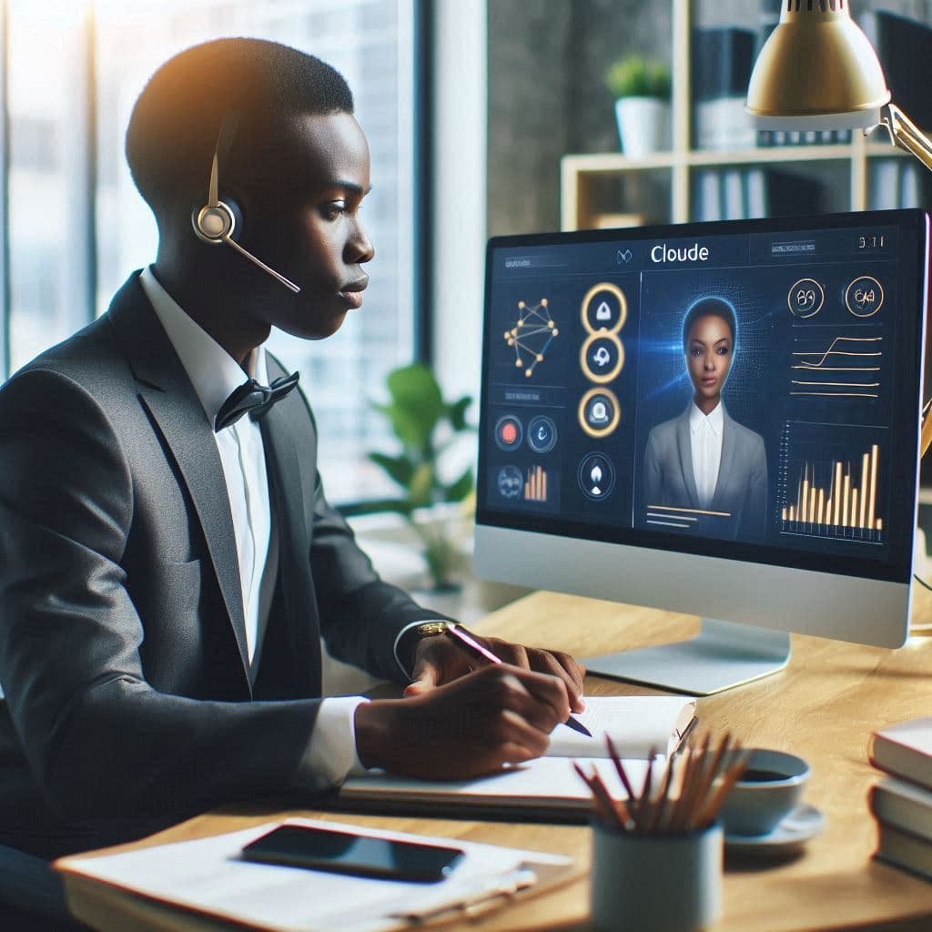 Usuário interagindo com o Claude 3.5 em um laptop, acompanhando sugestões de produtividade.