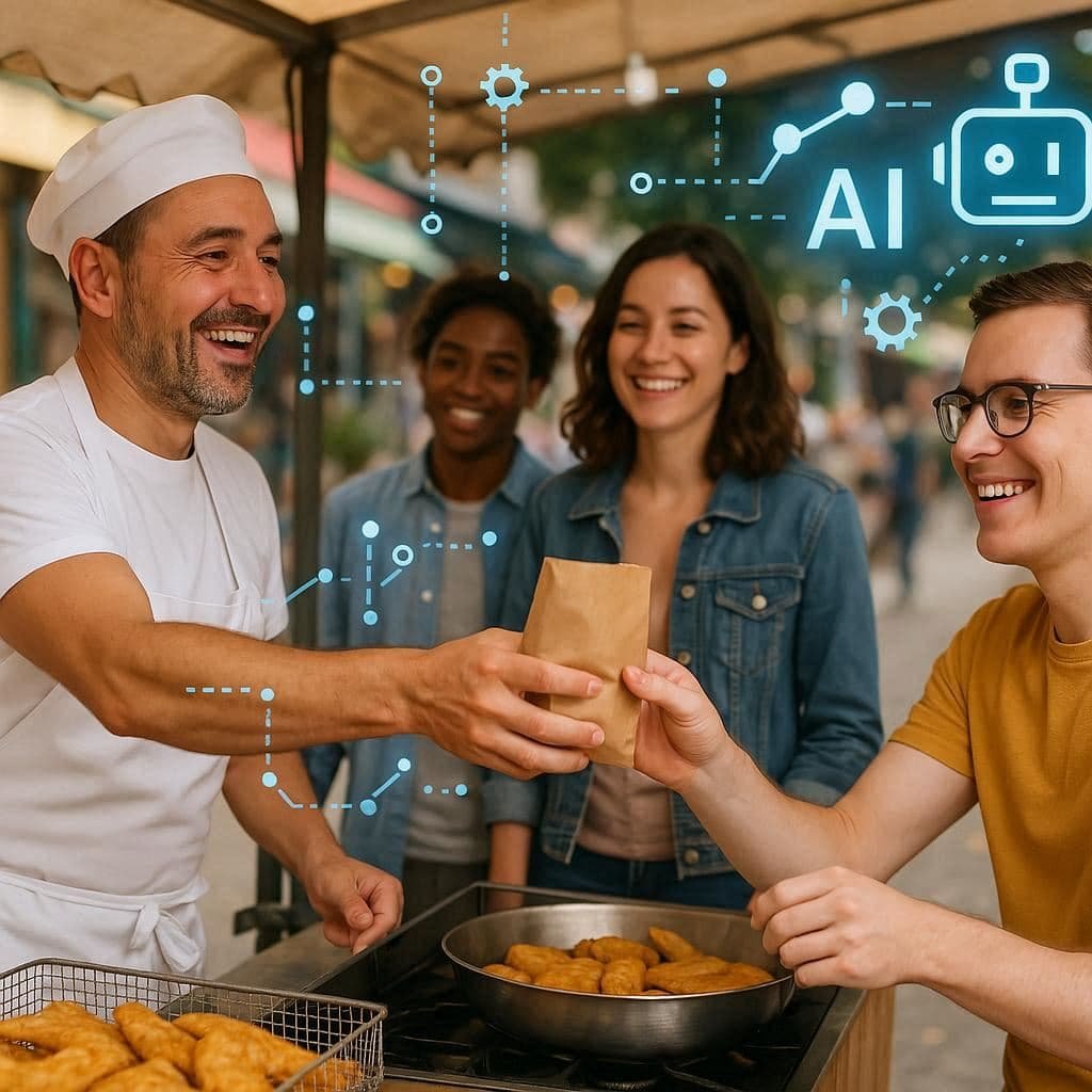 Vendedor de pastel entregando pedidos com rapidez e alegria após automatizar o atendimento.