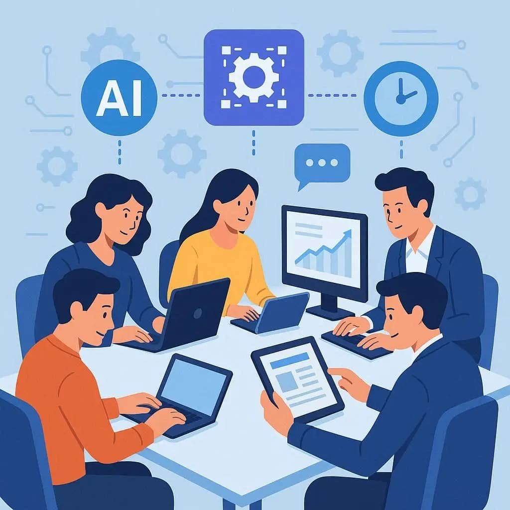Equipe de marketing colaborando com tecnologia avançada