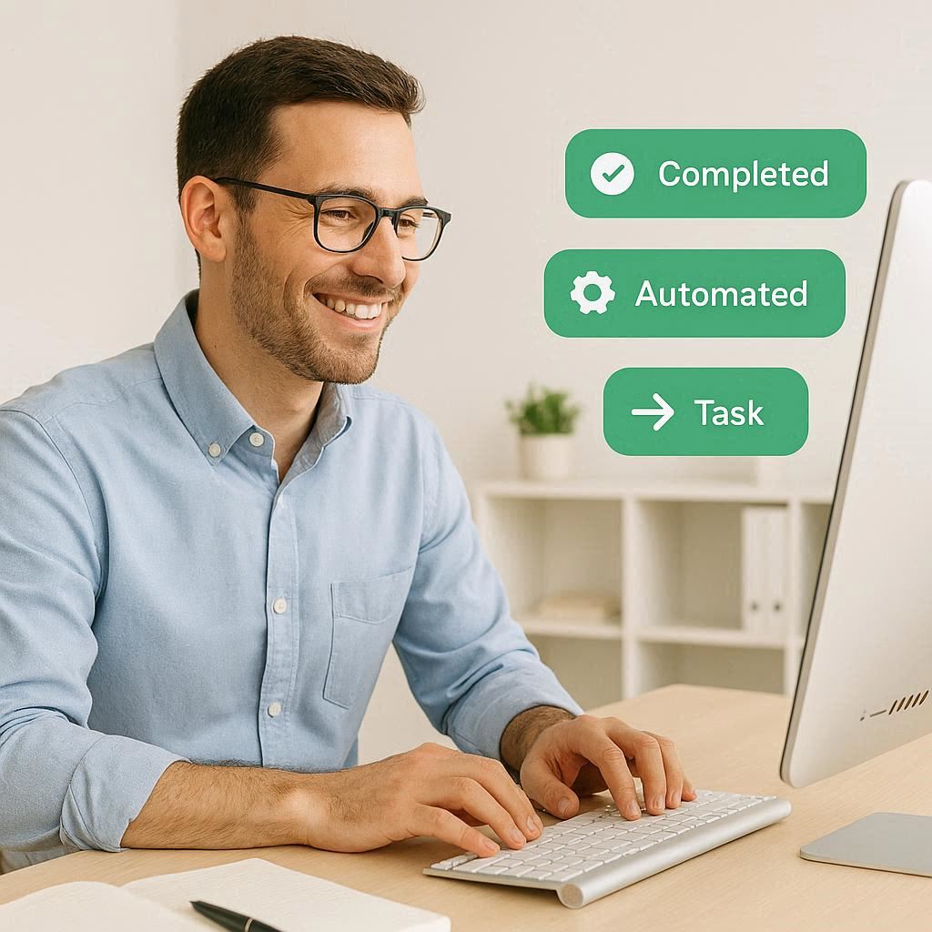 profissional usando automação que economiza tempo e trabalha feliz