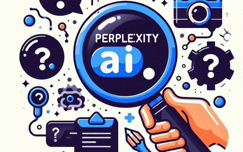 Ícone de lupa + balão de pergunta, texto ‘Perplexity AI’”