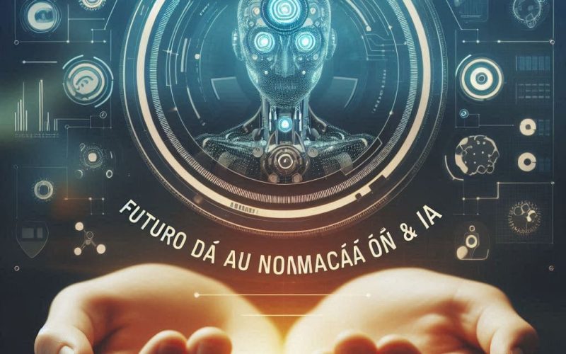 Interface futurista com painéis de IA e gráficos mostrando o Futuro da Automação e da IA etá ao alcance das suas mãos