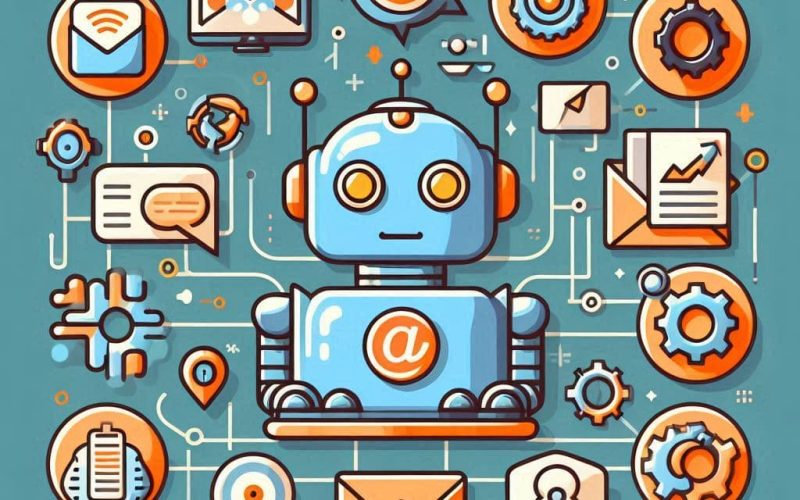 Ícones de e-mail, redes sociais e chatbot indicando uma atendimento por uma automação de Marketing Digital