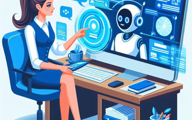 Chatbot-Assistente virtual em tela interagindo com agente humano em biblioteca